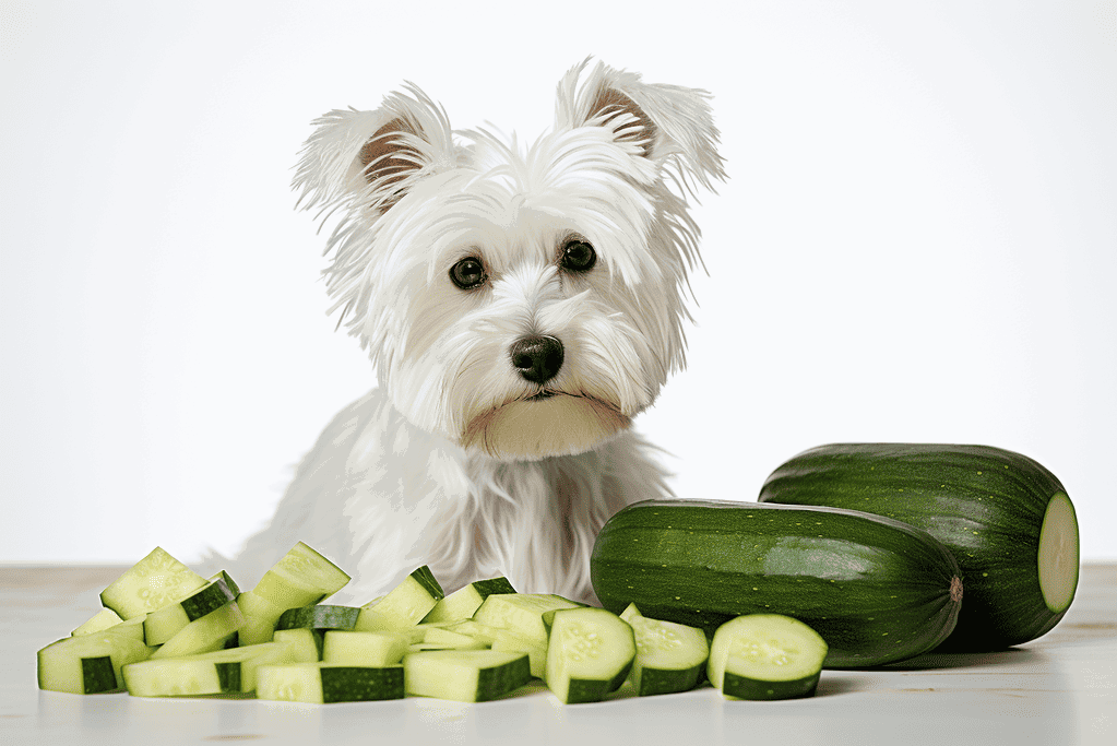 Dog with fresh cucumbers for healthy treats.