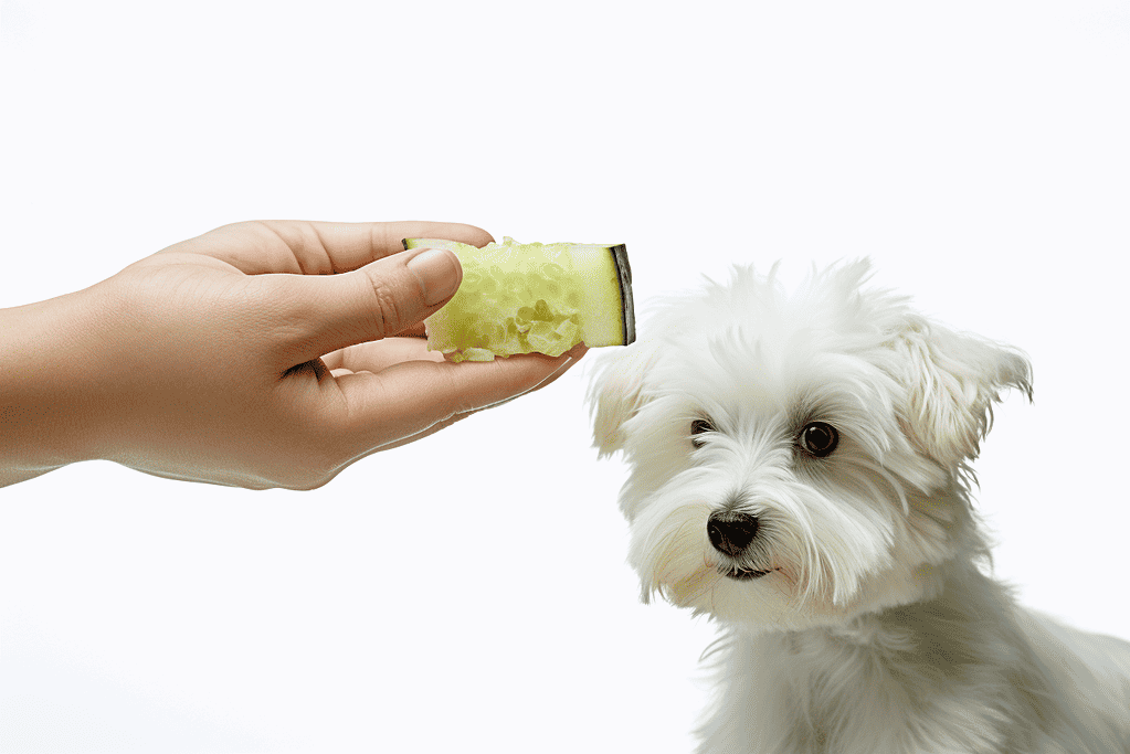 Cute white dog enjoying cucumber snack.