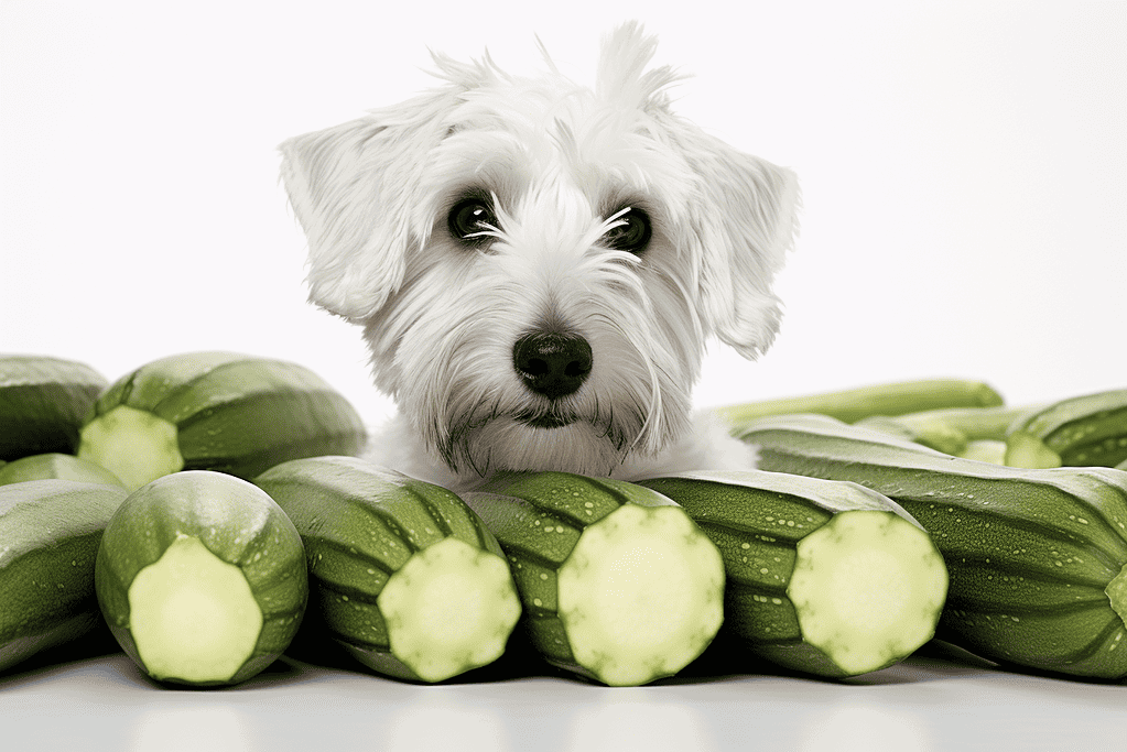 Dog with zucchini, promoting healthy pet snacks and vegetable-based treats for dogs.