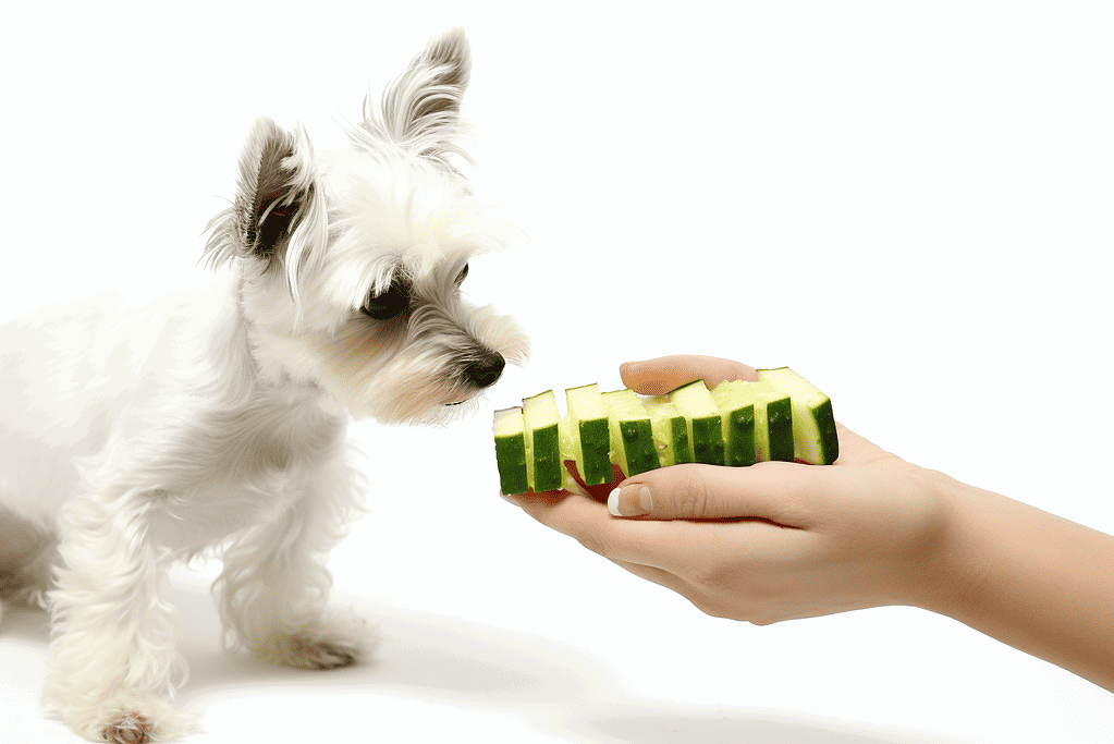 Small dog sniffing cucumber held in hand, healthy pet snack, dog feeding, natural treats for dogs, pet wellness.