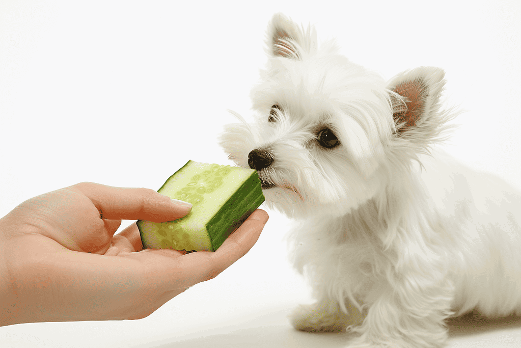 Dog eating cucumber healthy treat for pets.
