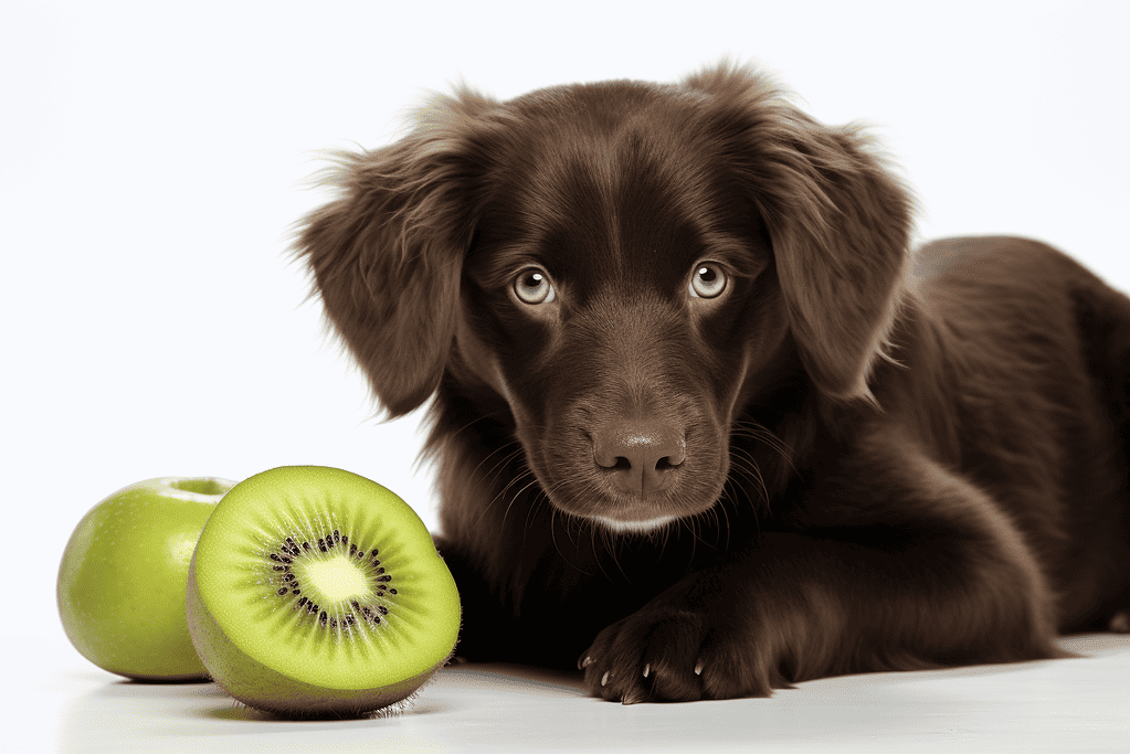 Adorable brown puppy lying next to fresh kiwi slices.