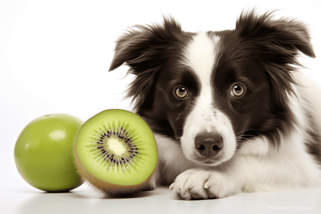 Dog with kiwi and apple, healthy pet snack idea.