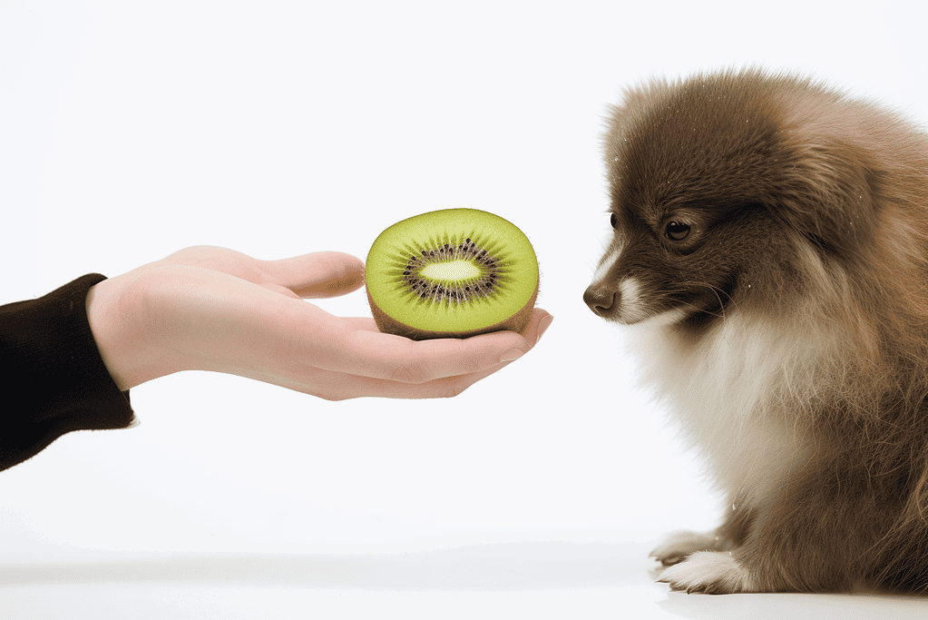 Cute puppy with kiwi fruit.