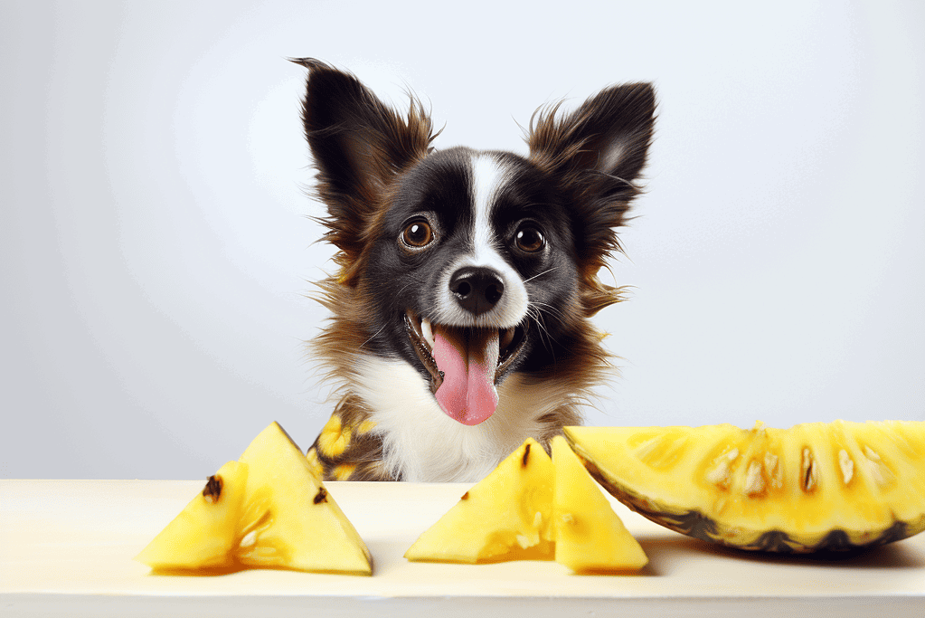 Cute dog with pineapple slices.