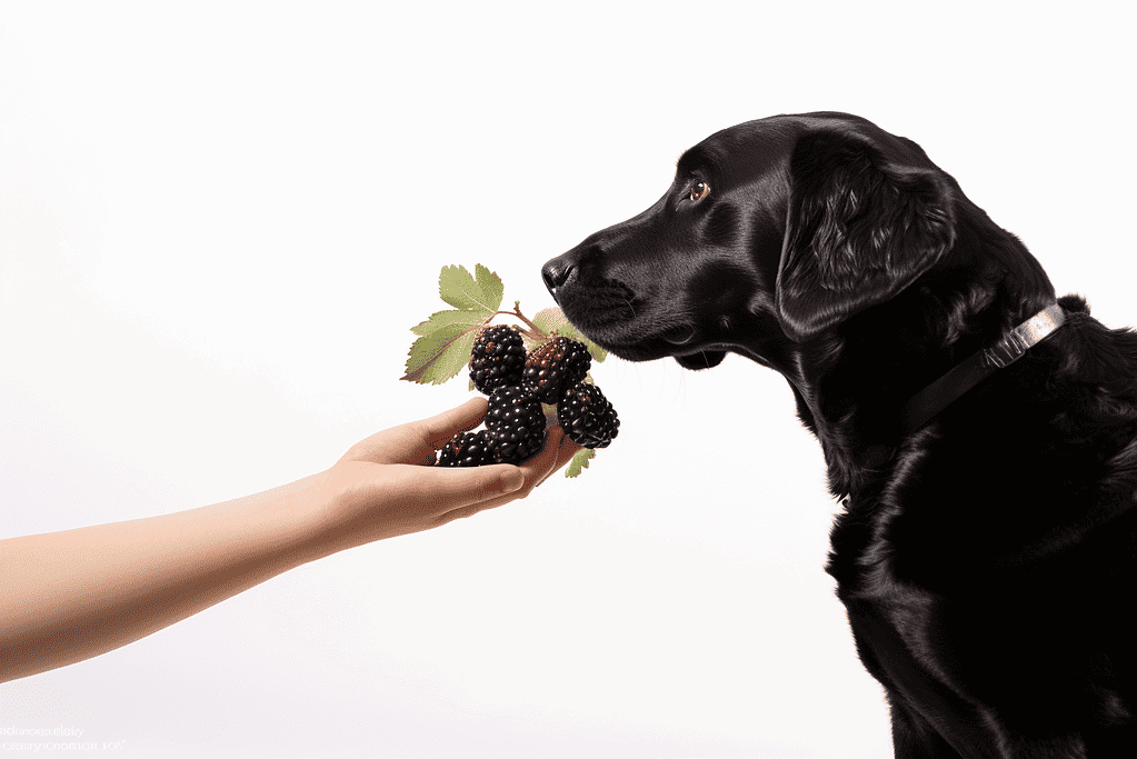 Dog sniffing blackberries from a person's hand, healthy snacks for dogs, natural dog treats, pet nutrition tips.