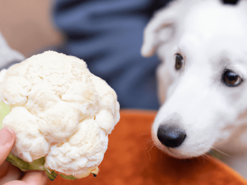 Cute puppy curious about cauliflower treat.