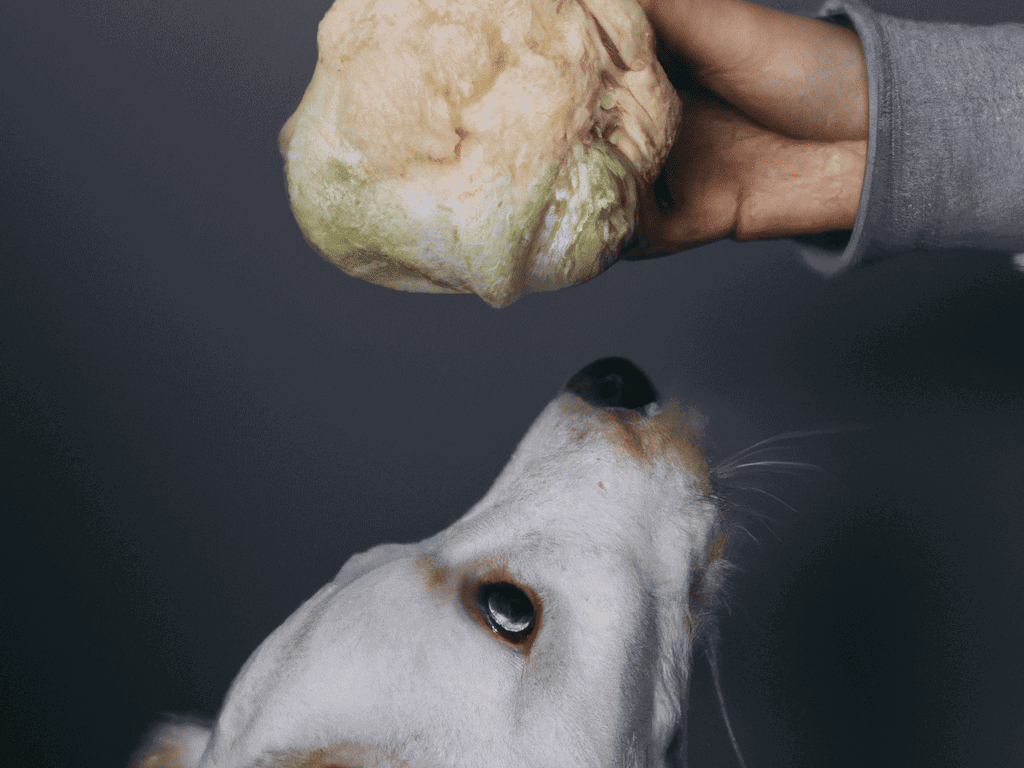 Dog treat being held above a dog's nose.
