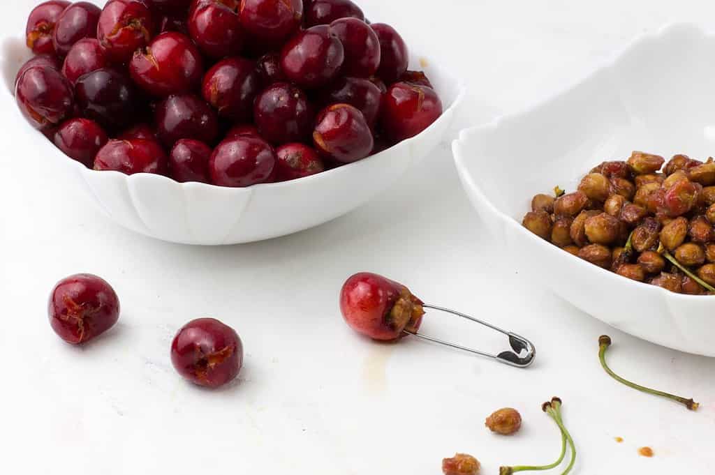 Fresh cherries in white bowls, healthy dog treat ingredients, natural dog food essentials.