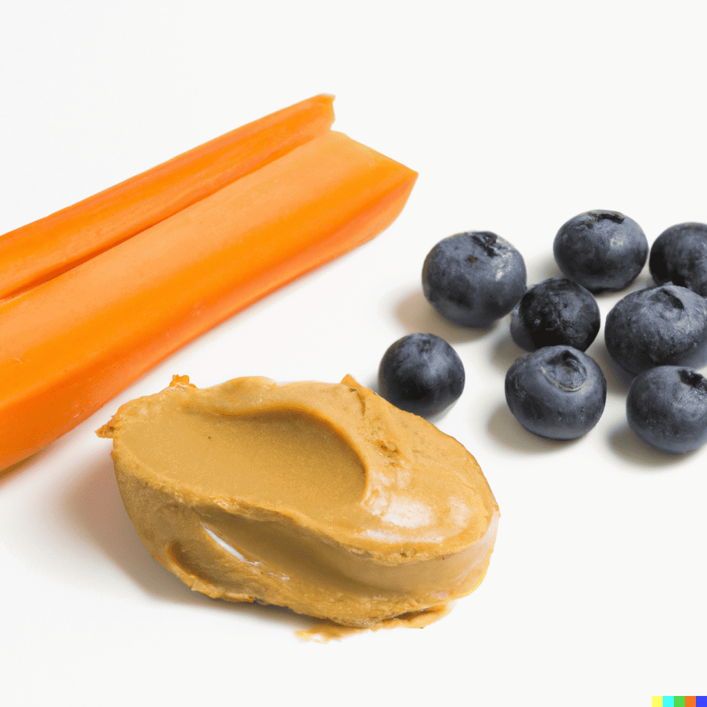Healthy dog treat ingredients with blueberries, peanut butter, and carrots. Perfect for nutritious dog snacks and training treats.