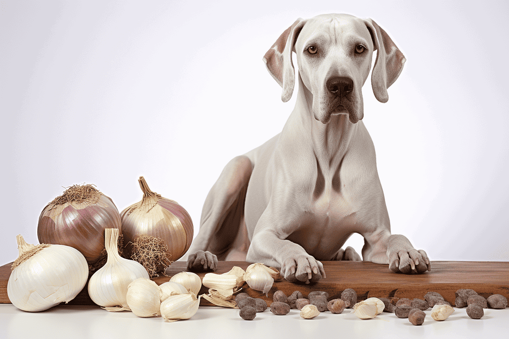 Cute dog with garlic and onions for cooking or vet care.