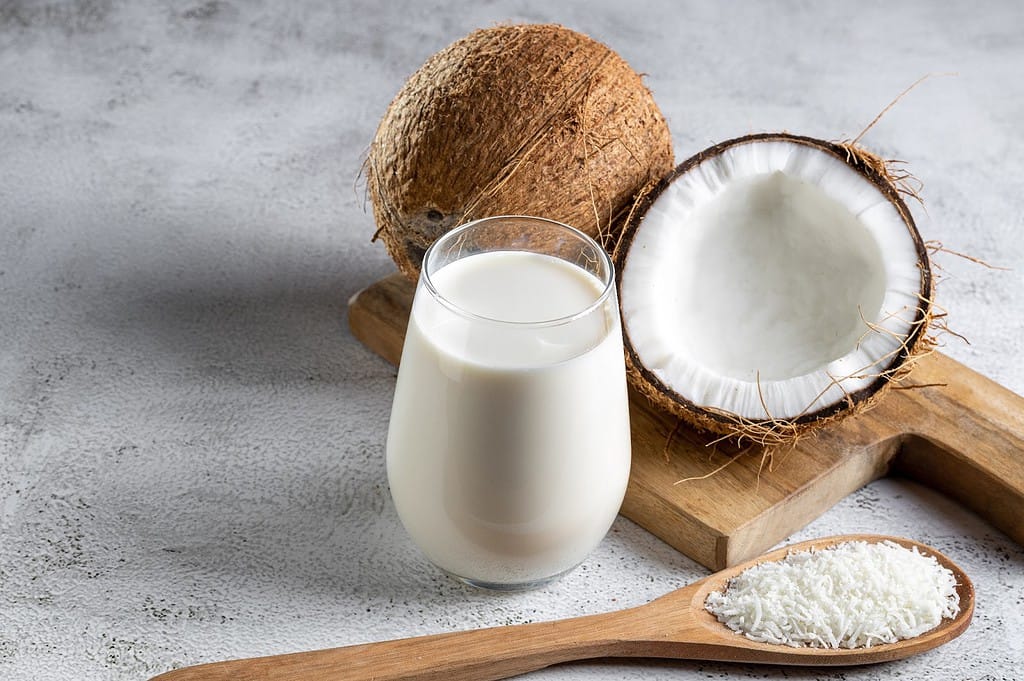 Natural coconut milk in a glass served with coconut halves and shredded coconut for a healthy diet.