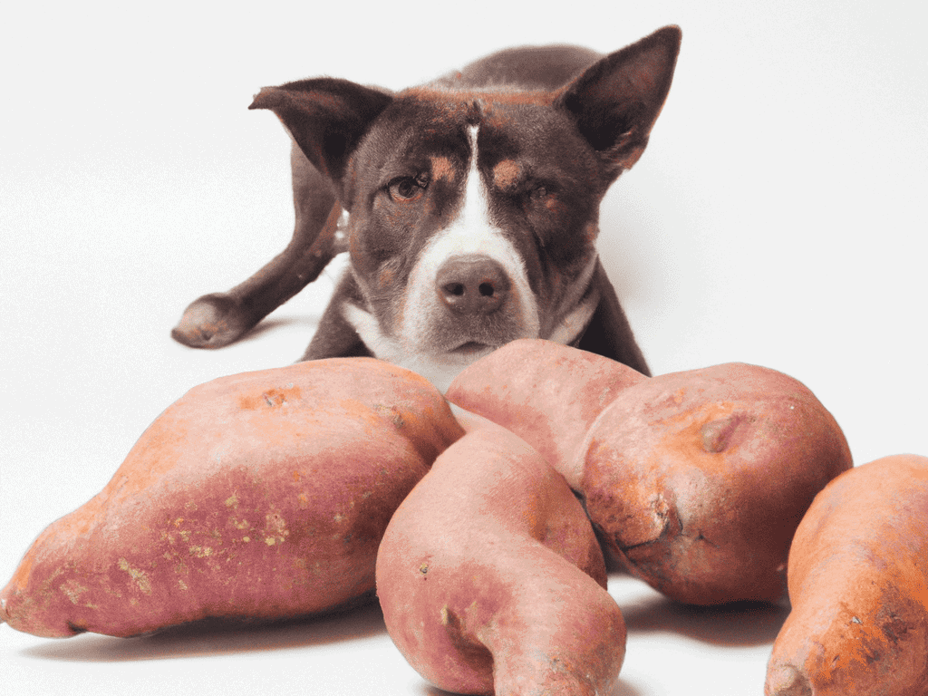 Dog with sweet potatoes, healthy dog treats, natural pet snacks.