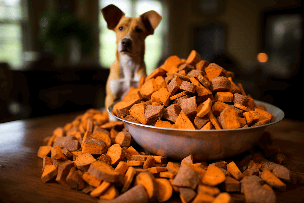 Dog treats in a metal bowl, owner offering healthy snacks to a curious dog, pet nutrition and care for happy, healthy dogs.