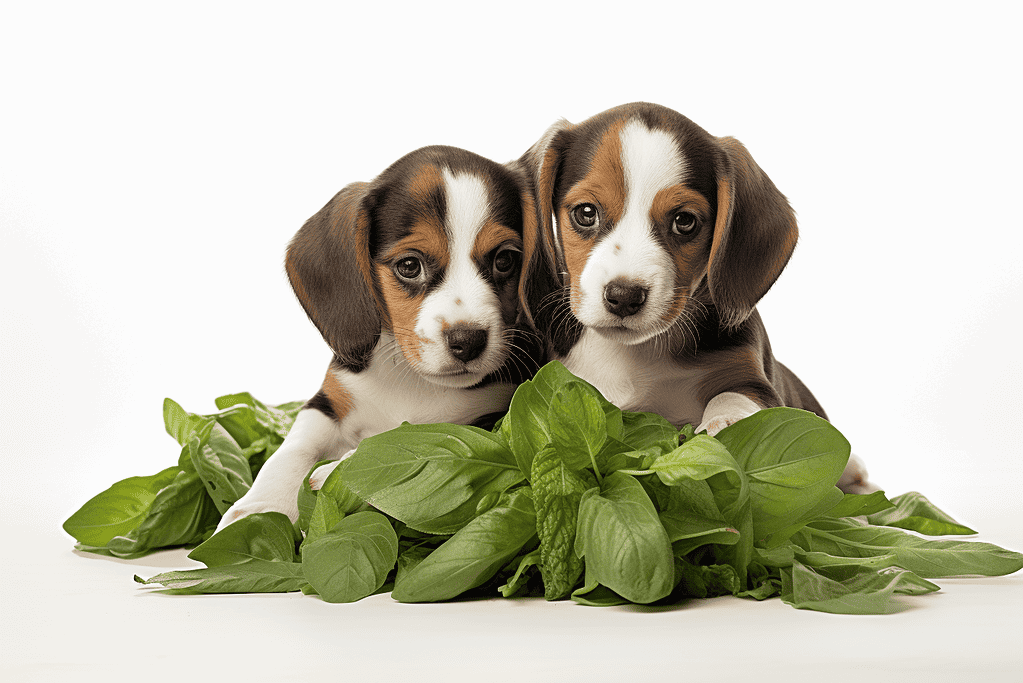 Adorable Beagle puppies with fresh basil, perfect for healthy dog treat inspirations.