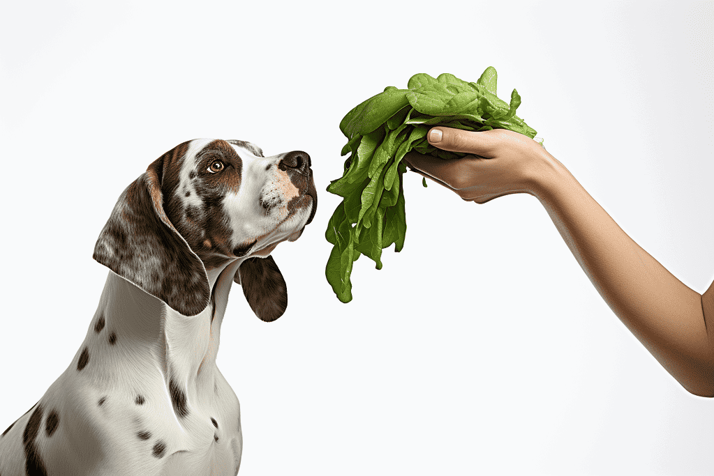 Healthy leafy greens being offered to a dog trainer's hand.
