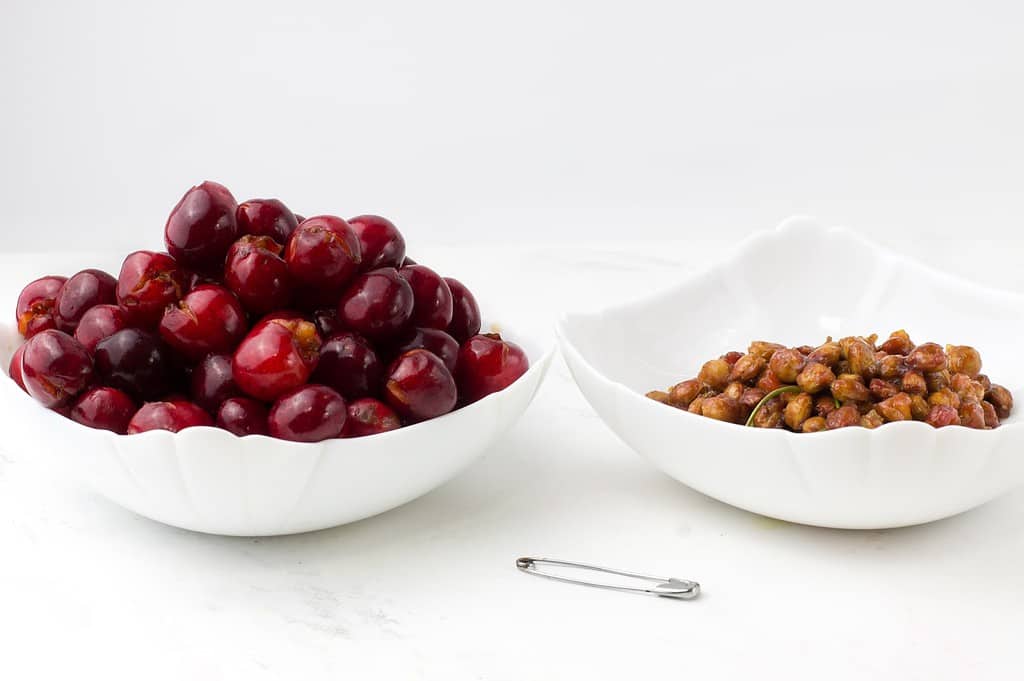 Fresh cherries and fermented dog food samples in white bowls on a white background for healthy pet nutrition.