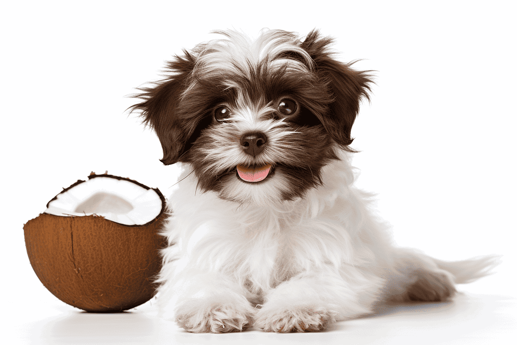 Adorable puppy with coconut on a white background, perfect for pet, dog care, and nutrition topics.