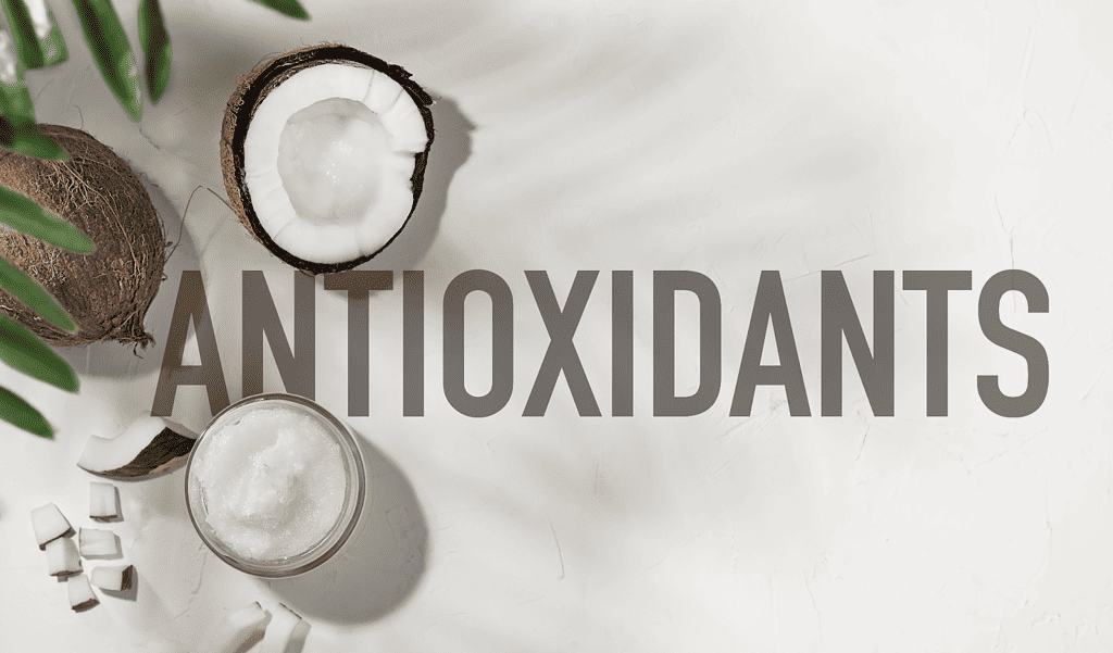 Coconut oil and coconut shells for dog health and anti-inflammatory benefits.