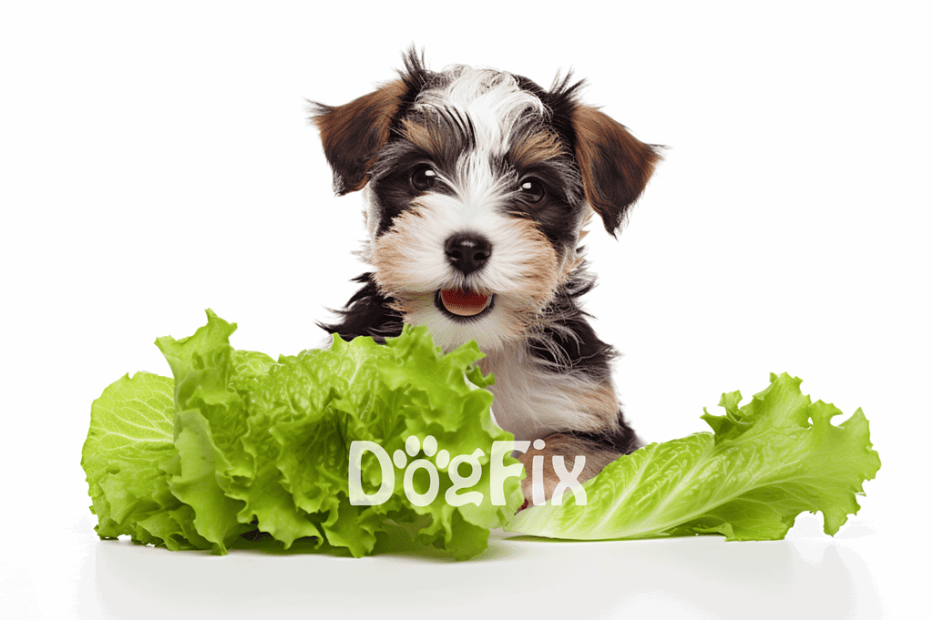 Cutest dog with fresh lettuce, promoting healthy pet treats and nutrition.