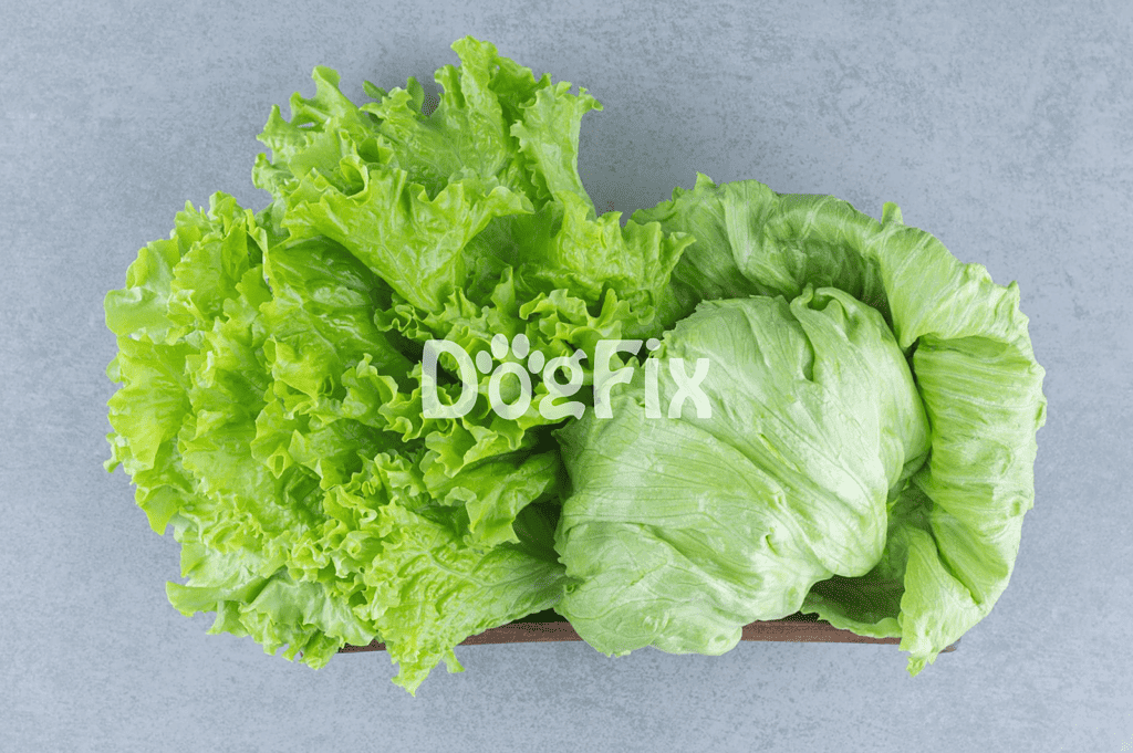 Bright green lettuce leaves in a bowl on a textured background, promoting healthy dog treats and diet options.