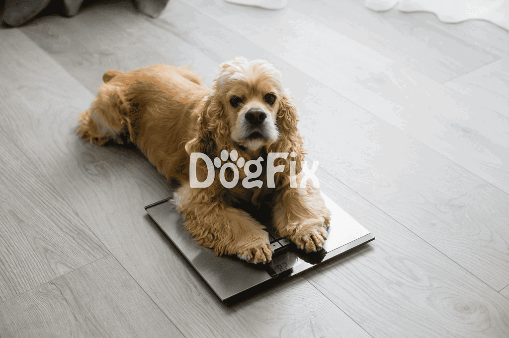 Cute cocker spaniel lying on a digital bathroom scale for accurate weight measurement.