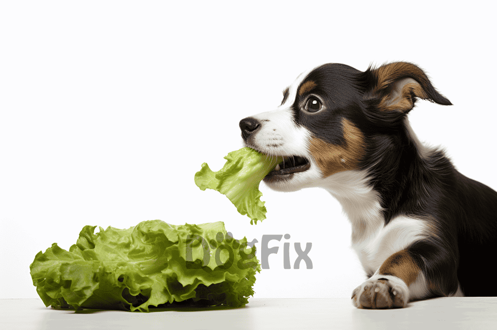 Cute puppy chewing fresh lettuce for healthy dog diet and wellness.