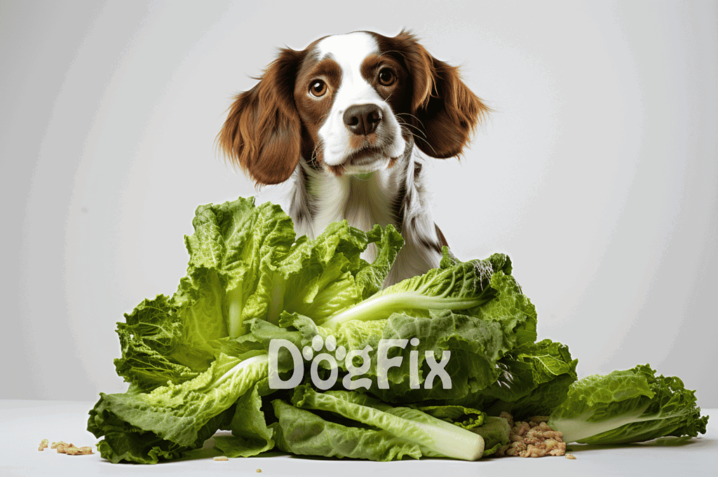 Cute dog with lettuce and vegetables, promoting healthy pet food and wellness.