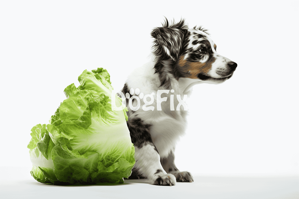 Close-up of an Australian Shepherd puppy along with fresh lettuce for healthy dog diet.