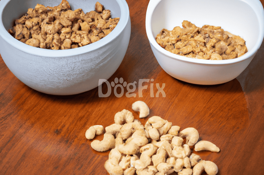 Dog treat bowls filled with crunchy and chewy treats for dogs, on a wooden table.