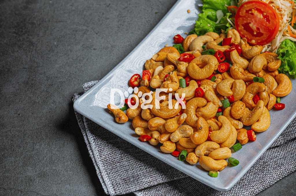 Delicious roasted cashews topped with chili peppers and herbs, served on a stylish plate for a healthy snack or appetizer.
