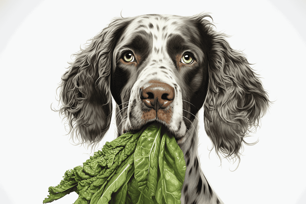 Dog eating fresh green leafy vegetables for a nutritious diet.