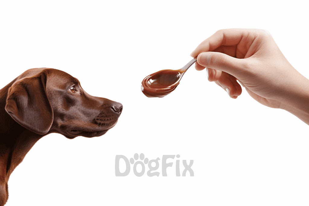 Dog enjoying chocolate-flavored dog treat.
