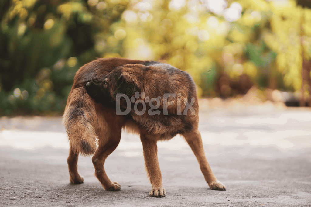 Cute brown puppy nibbling on its sibling in a sunny outdoor park setting.