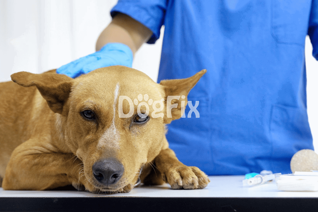 Dog in veterinary exam room with vet assistant.
