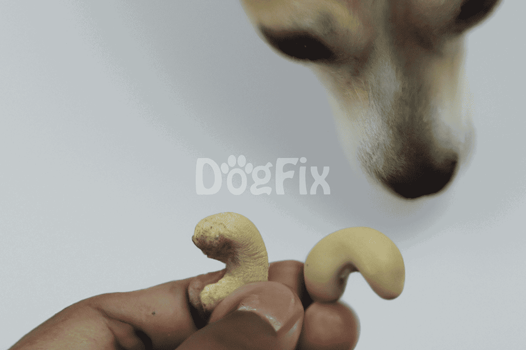 Close-up of a person holding turmeric and cashew dog treats near a curious dog’s nose.