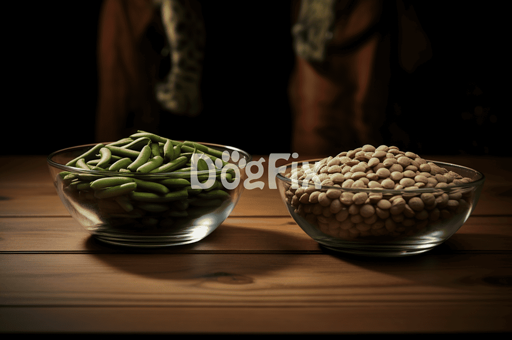 Healthy dog food ingredients, green beans and lentils in glass bowls on wooden table.