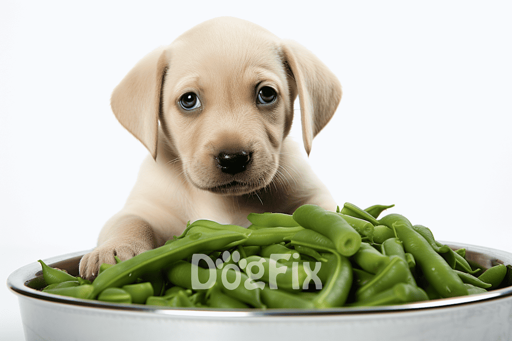 Adorable puppy with blue eyes eating fresh green beans in a white bowl.