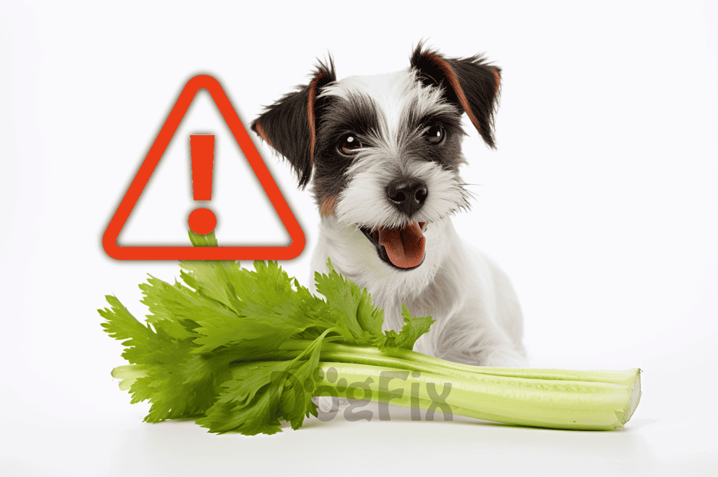 Adorable puppy near celery with warning alert for pet safety and toxic foods.