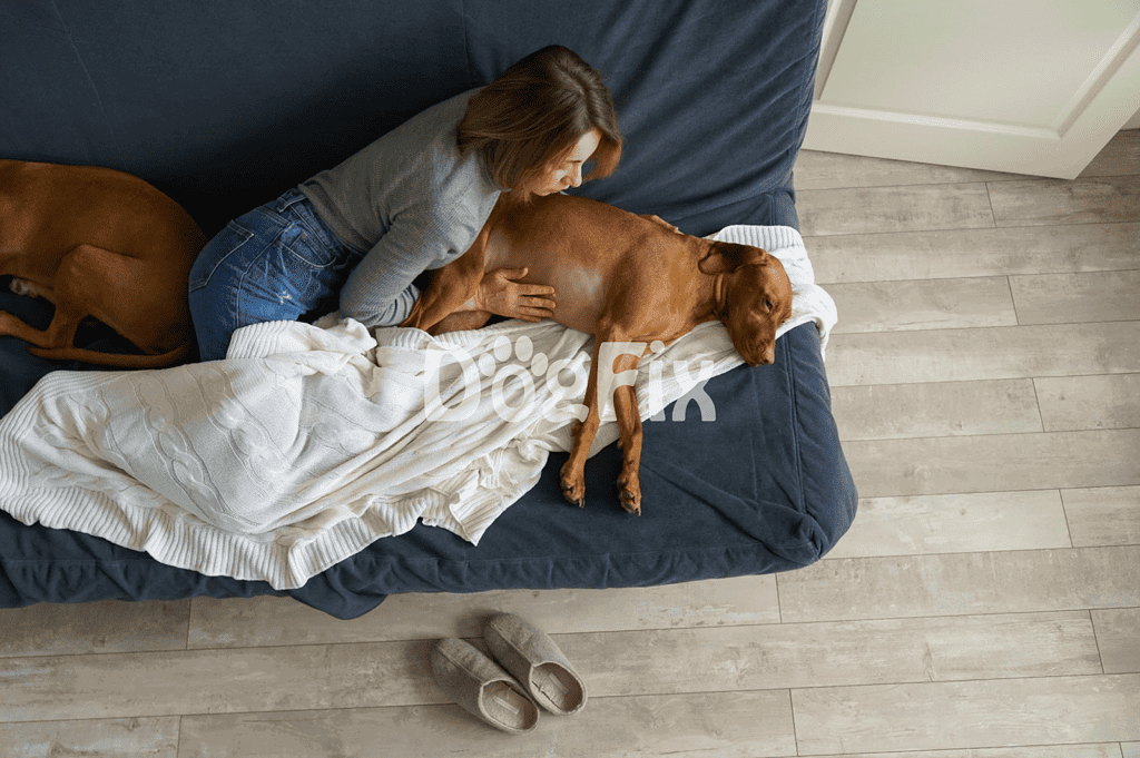 Dog sleeping on cozy bed with owner and companion dog.