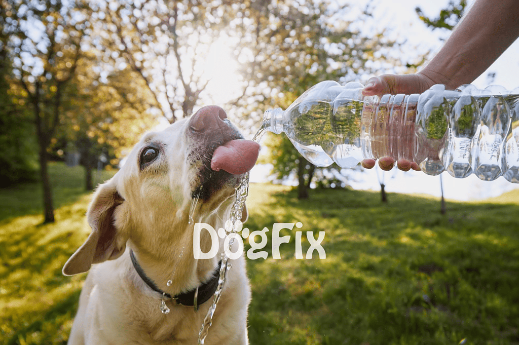 Dog drinking water from human bottle during outdoor walk - Dogfix.com.