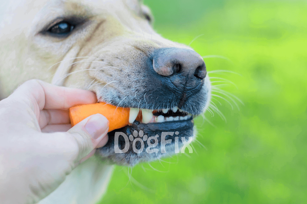 Close-up of a dog chewing on a carrot toy, demonstrating canine enrichment and healthy pet care.