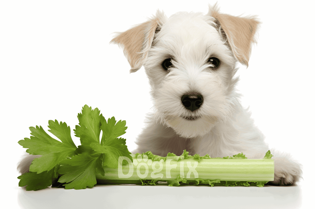 Adorable puppy with white and tan fur sitting next to fresh celery and greens on white background.