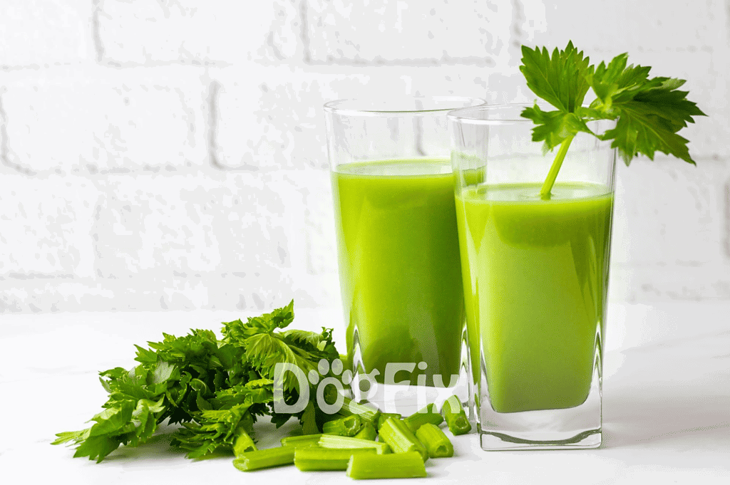 Refreshing green vegetable juice with celery and parsley on white background.