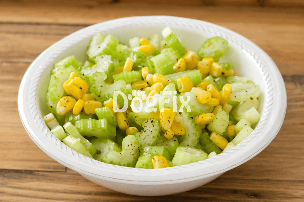 Healthy celery and corn salad as a nutritious dog treat or meal supplement.