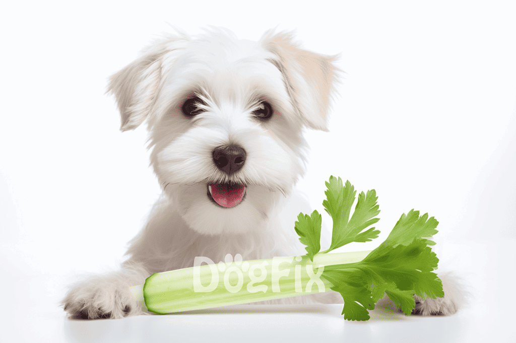 Cute white puppy with celery, promoting healthy pet treats, dog nutrition tips, fresh vegetables for dogs, friendly dog image.