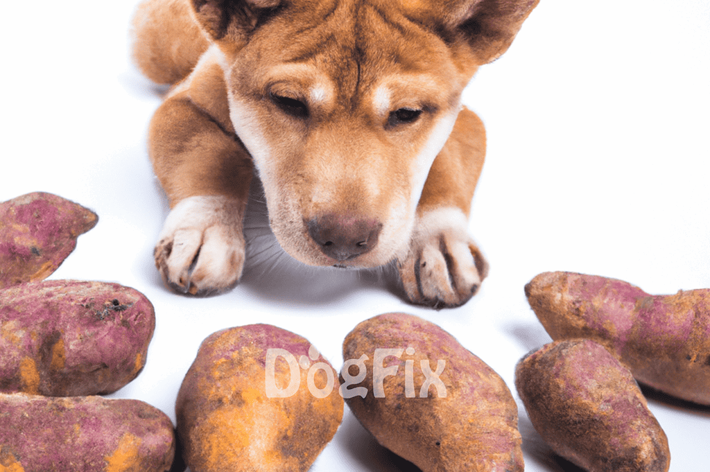 Adorable dog and healthy sweet potatoes - natural, nutritious dog treats for wellness and happiness.