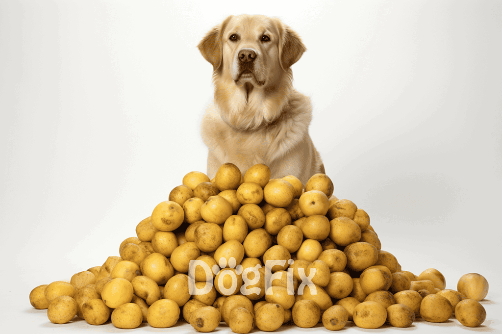 Dog with a pile of potatoes, promoting healthy dog food options and pet nutrition.