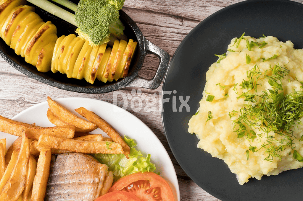 Healthy dog food meal with mashed potatoes and fresh vegetables.