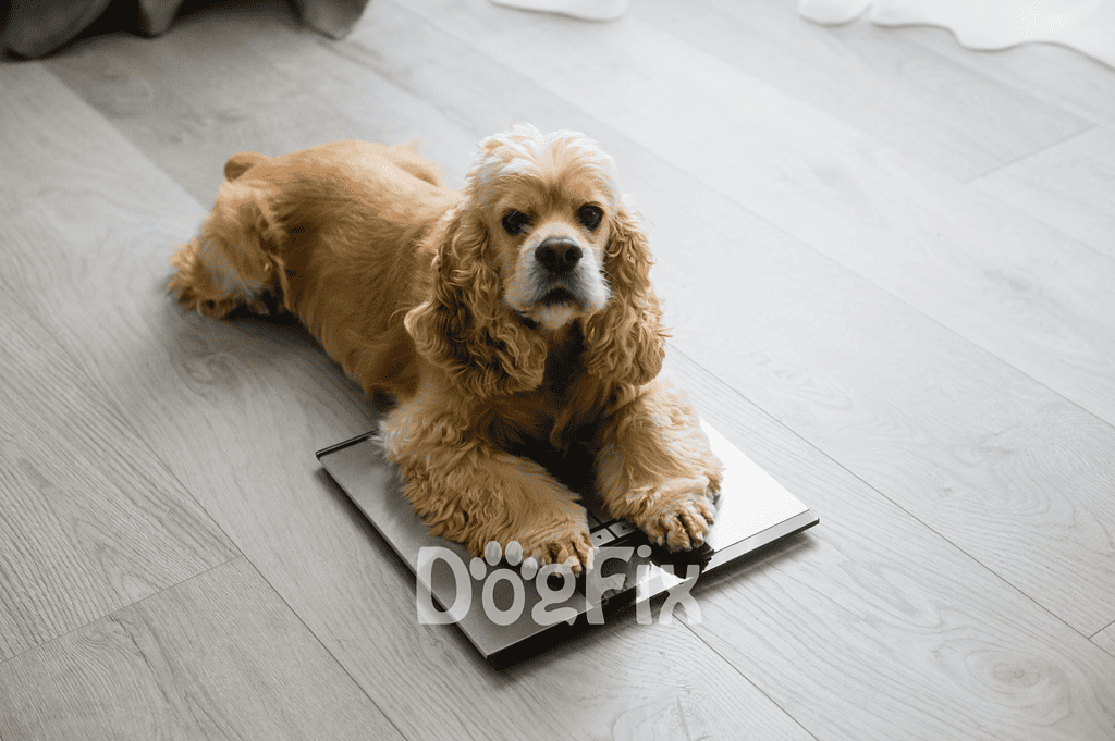 Adorable Cocker Spaniel puppy lying on a digital scale, showcasing pet health and wellness.